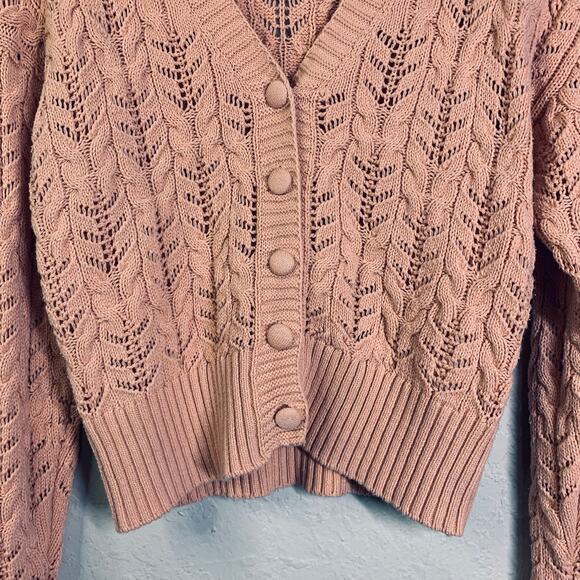 RACHEL ZOE Cardigan Sweater V-Neck Knit Crocheted 3 Button Pale Pink Ribbed Cuff - Picture 5 of 12